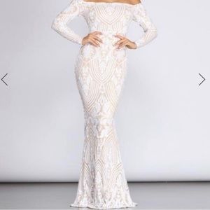 White sequin off the shoulder gown